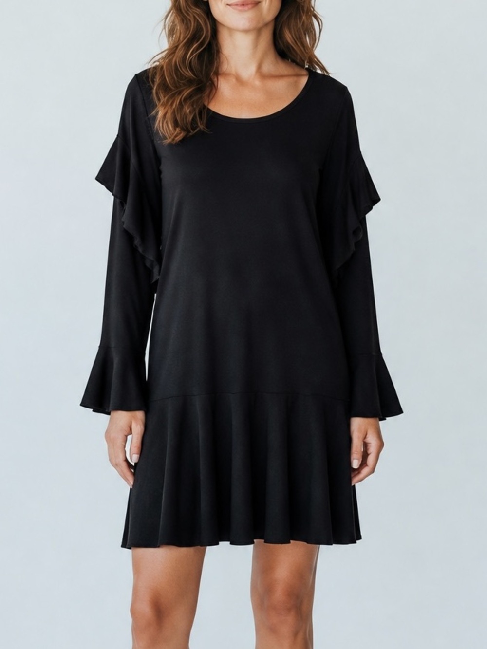 Zara Knit Black Flowy Ruffle Bell Sleeve Midi Drop Waist Oversized Dress Size S